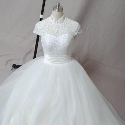 Elegant High Neckline Tulle Lace Wedding Gown,..
