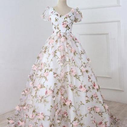 Beautiful Cap Sleeves Flowers Long Party Gown,..