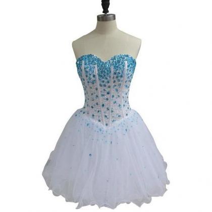 Cute White Crystals Lace Up Tulle Homecoming..