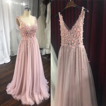 Charming Pink Flower And Beaded Backless Gown,..