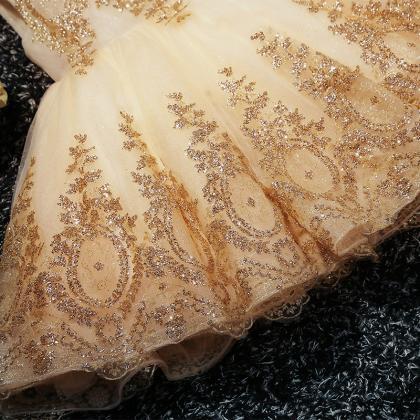 Cute Champagne Tulle With Flower Lace Applique..
