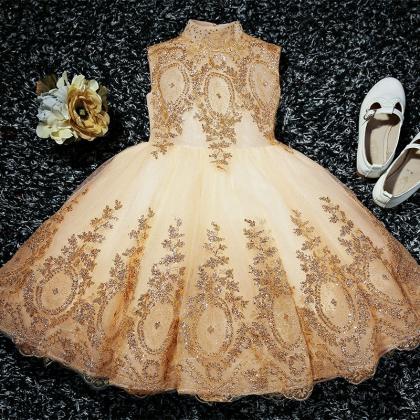 Cute Champagne Tulle With Flower Lace Applique..