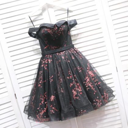 Black Floral Off Shoulder Homecoming Dress, Cute..