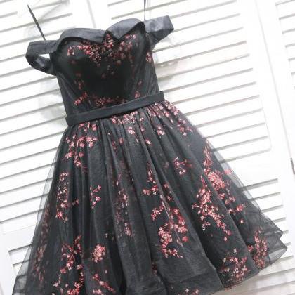 Black Floral Off Shoulder Homecoming Dress, Cute..