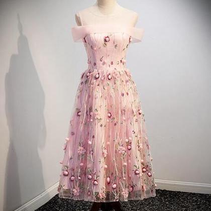 Lovely Pink Tulle Tea Length Floral Dress, Cute..