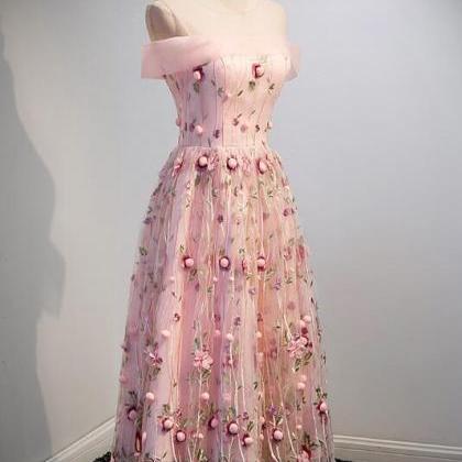 Lovely Pink Tulle Tea Length Floral Dress, Cute..