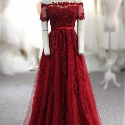 Wine Red Lace Off The Shoulder Long Party Dresses,..