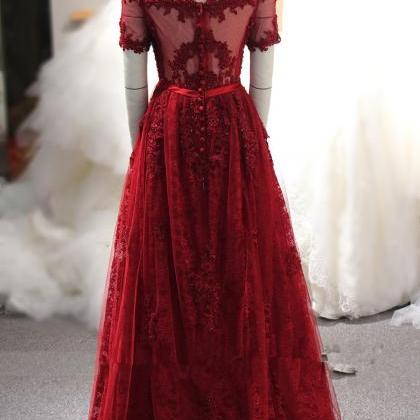 Wine Red Lace Off The Shoulder Long Party Dresses,..