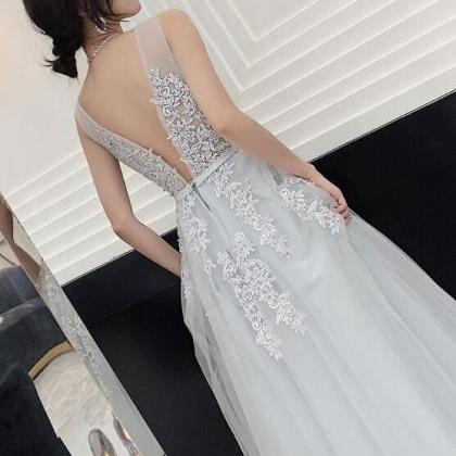Charming Grey Tulle Party Dress, V-neckline Long..