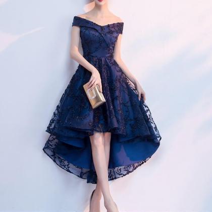 Navy Blue Homecoming Dress, High Low Lace Blue..