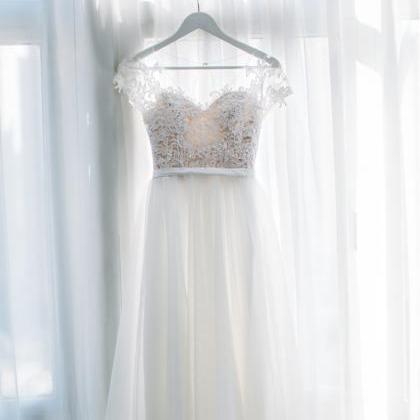 Beautiful Lace And Tulle Long Simple Bridal Dress,..