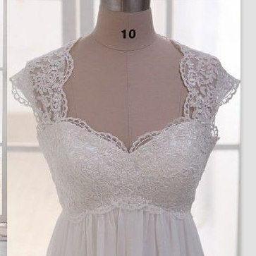 Simple High Waist Cap Sleeves Lace And Chiffon..