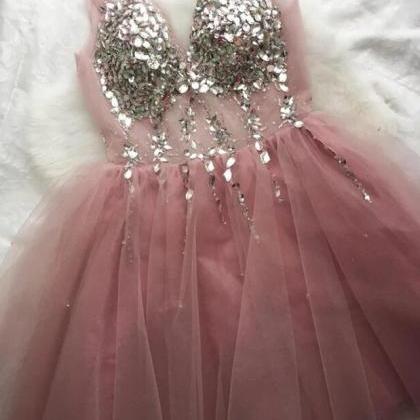 Pink Tulle Party Dress, Pink Beaded Formal Dress,..