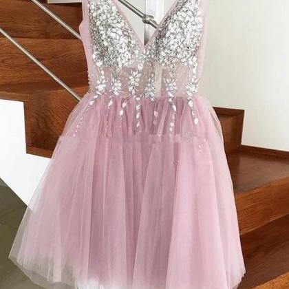 Pink Tulle Party Dress, Pink Beaded Formal Dress,..