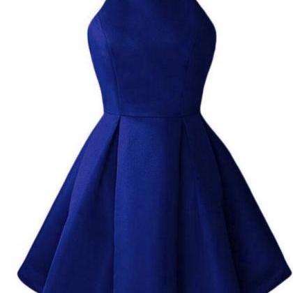 Blue Short Halter Satin Party Dresses, Short Prom..