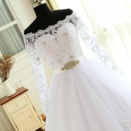 White Long Sleeves Tulle And Lace Elegant Wedding..