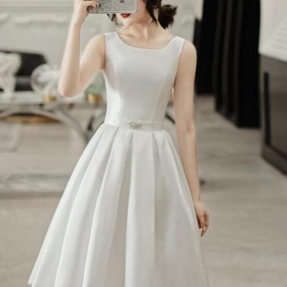 White Satin Round Neckline Knee Length Prom Dress,..