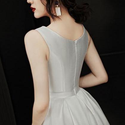 White Satin Round Neckline Knee Length Prom Dress,..