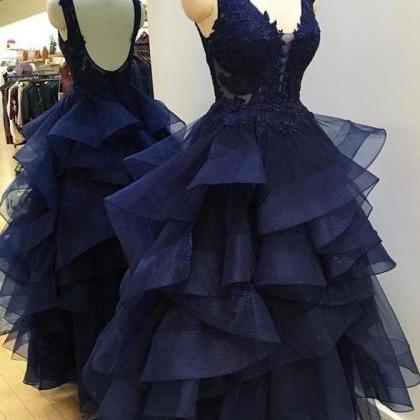 Beautiful V Neck Navy Blue Backless Prom Dresses,..