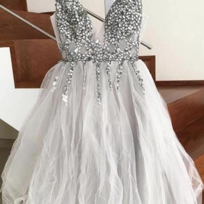 Grey Short Crystal Beaded Tulle V-neck Prom Dress,..