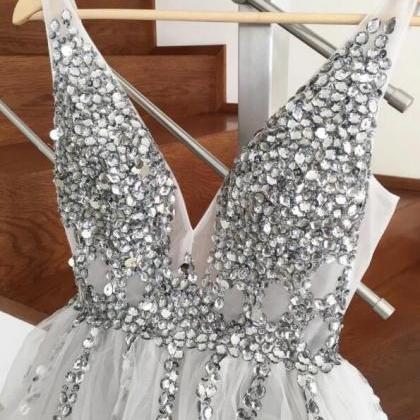 Grey Short Crystal Beaded Tulle V-neck Prom Dress,..