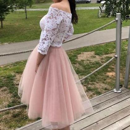 Cute Sleeves Lace Off-shoulder Short Prom Dresses,..