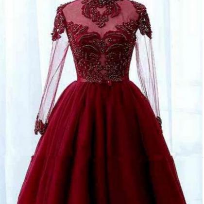 Cute Long Sleeves Red Beaded Homecoming Dress,..