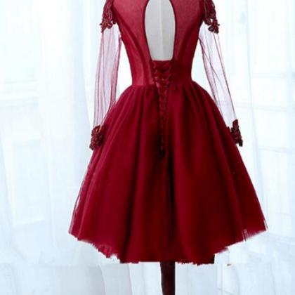 Cute Long Sleeves Red Beaded Homecoming Dress,..