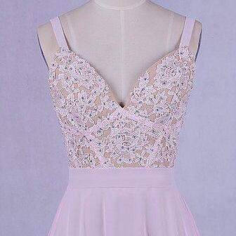 Beautiful Pink Chiffon Straps Long Prom Dress With..