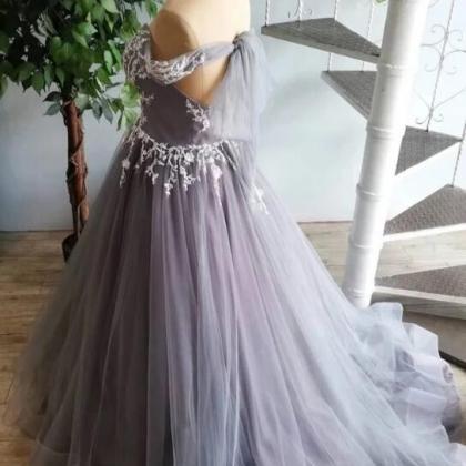 Grey Tulle Lace Applique Long Formal Gown, Grey..