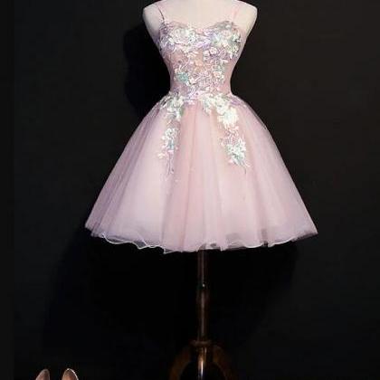 Light Pink Tulle Flowers Cute Straps Party Dress,..