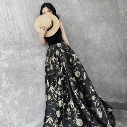 Black Velvet And Floral Long Prom Dress, Charming..