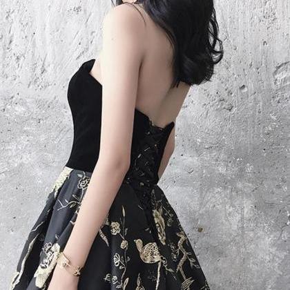 Black Velvet And Floral Long Prom Dress, Charming..