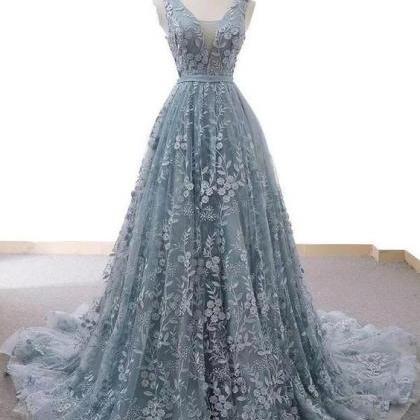Beautiful Blue And Grey Tulle V-neckline Party..