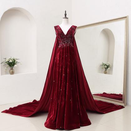 Dark Red Velvet Long Prom Gown, Evening Party..