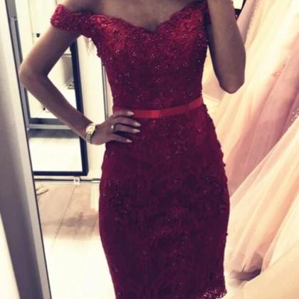 Wine Red Lace Knee Length Homecoming Dress, Off..