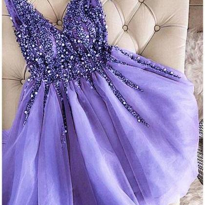 Cute Purple Short Beaded Prom Dresses, Girls..