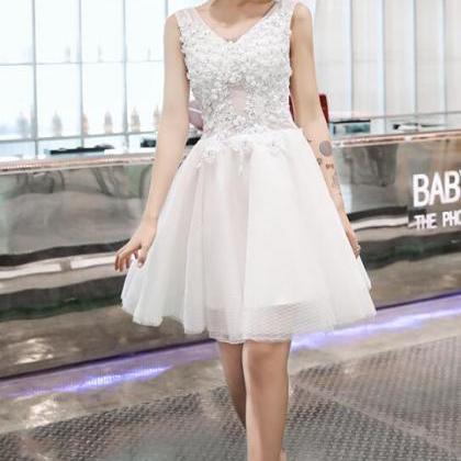 Cute White Lace Flowers Graduation Dress, Short..