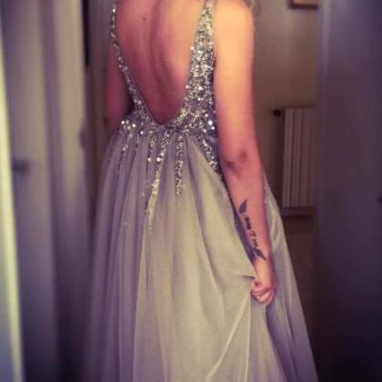 Beautiful V Neck Open Back Blue Prom Dresses, Sexy..