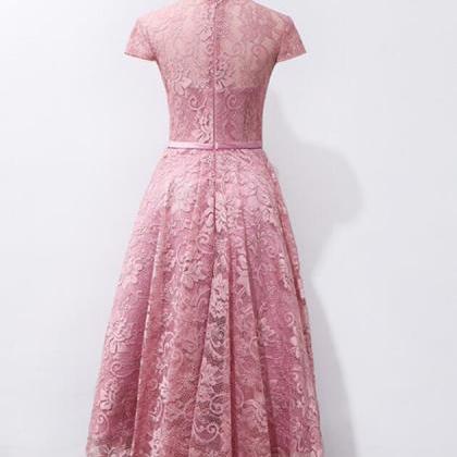 Cute Pink Lace Tea Length Party Dress, Elegant..