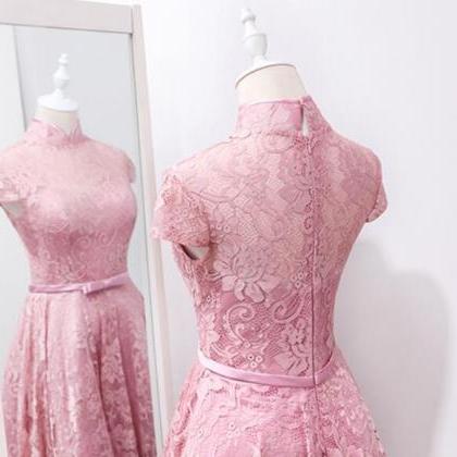 Cute Pink Lace Tea Length Party Dress, Elegant..