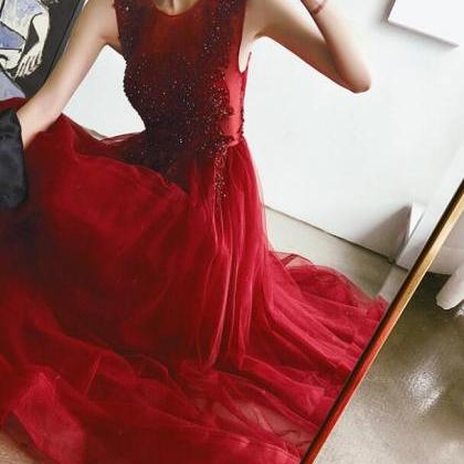 Gorgeous A-line Dark Red Tulle Long Party Gown,..