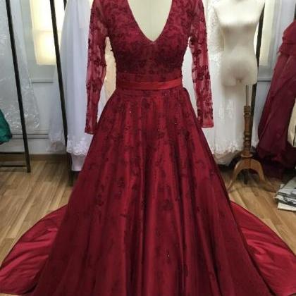 Simple Wine Red Long-sleeved V-neck Prom Dress,..