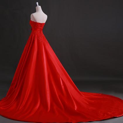 Beautiful Red Satin Long Party Dress With Lace..