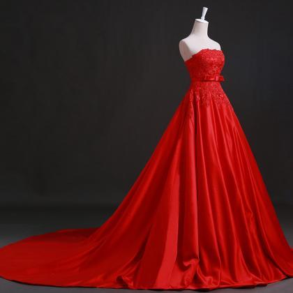 Beautiful Red Satin Long Party Dress With Lace..