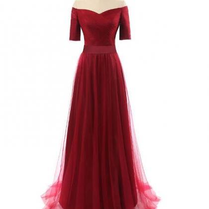 Beautiful Wine Red Tulle Off-the-shoulder Neckline..