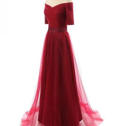 Beautiful Wine Red Tulle Off-the-shoulder Neckline..