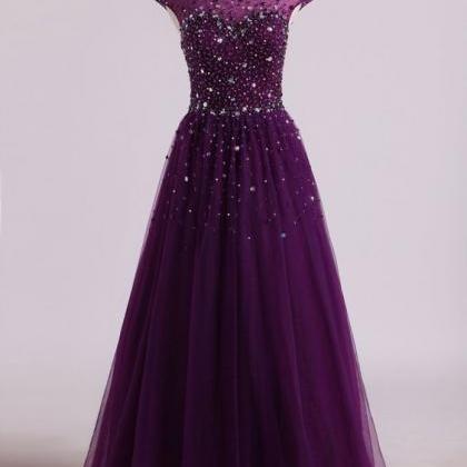 Dark Purple Beaded Tulle Long Prom Dress, Prom..