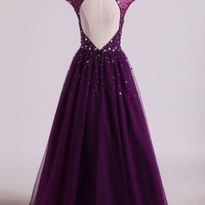 Dark Purple Beaded Tulle Long Prom Dress, Prom..