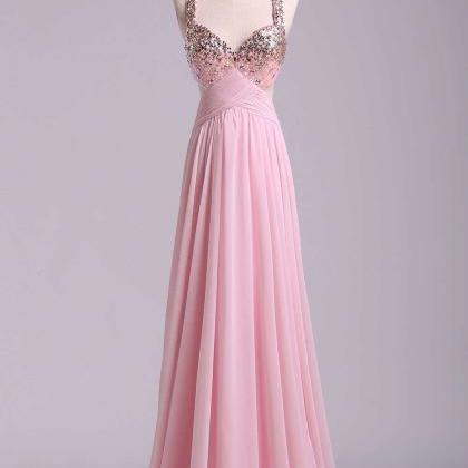 Pink Sequins Cross Back Chiffon Prom Dress, Lovely..